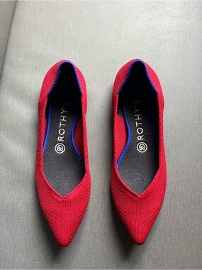 Rothy's Pointed Toe Flats in Bright Red with Blue Trim